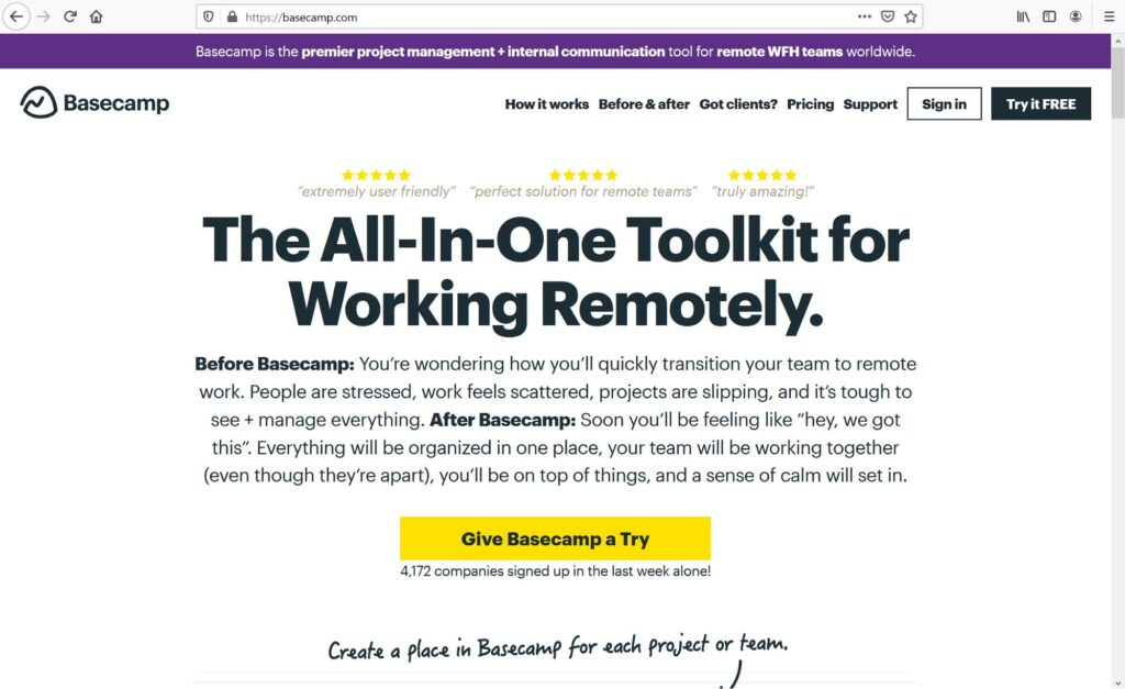 basecamp homepage