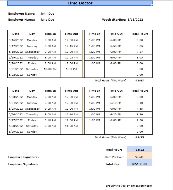 free biweekly timesheet template