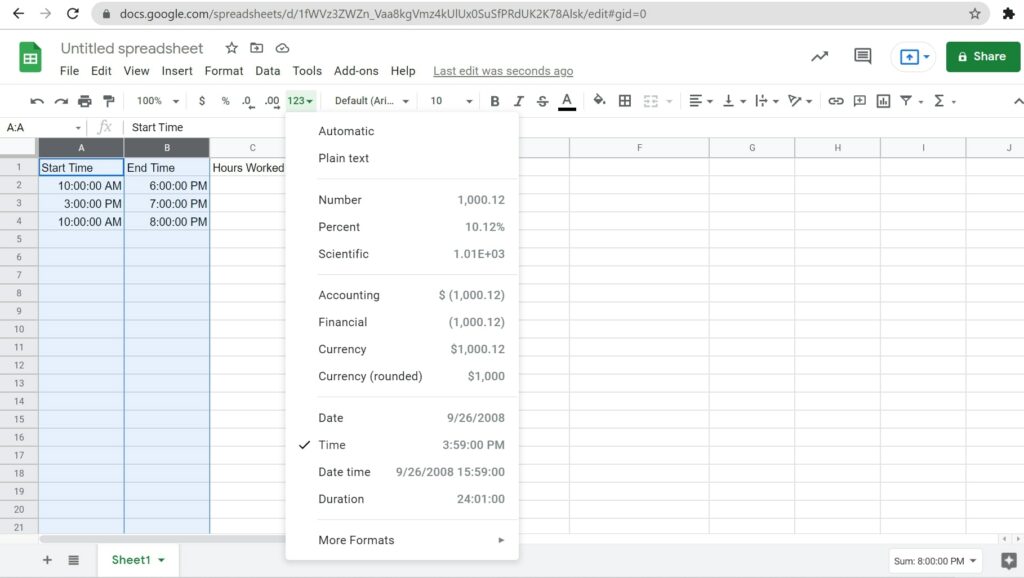 Set Time Format in Google sheets