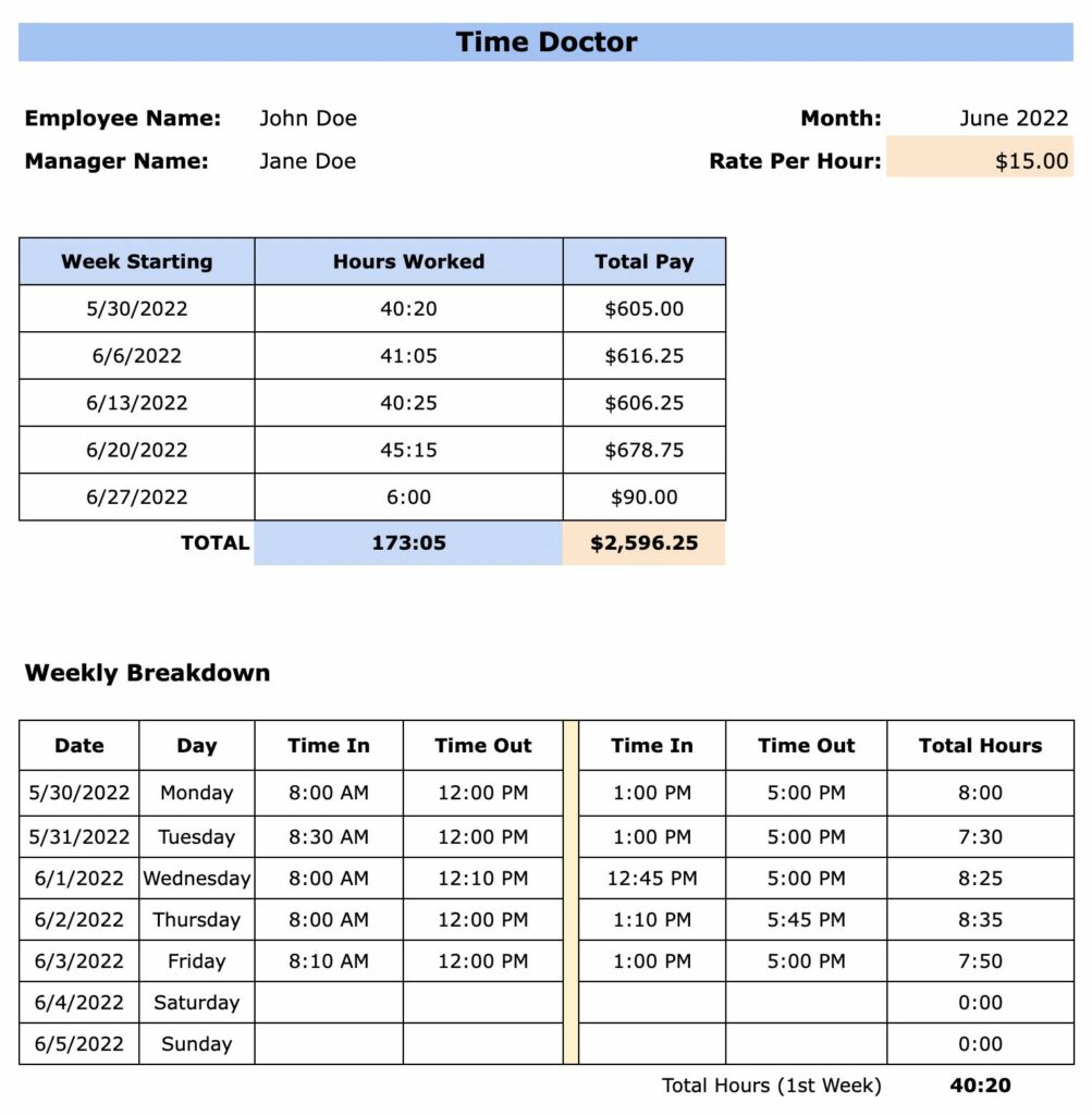 Monthly Software Development Timesheet Template