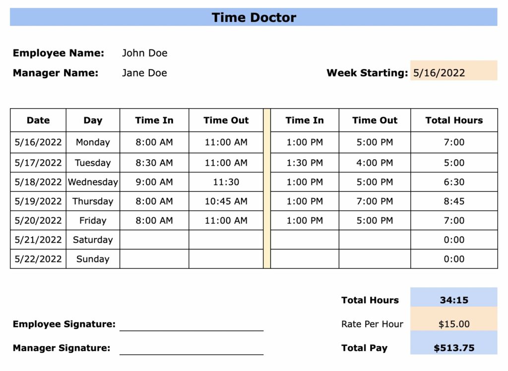 Weekly Software Development Timesheet Template