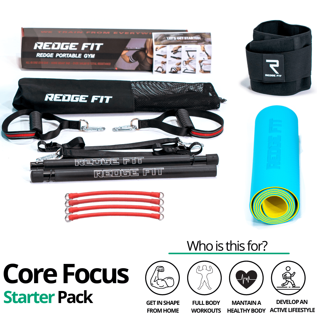 Get a personalized home gym pack that will cover all your needs from anywhere in the world! The Core Focus Starter Pack will help you become the master of your fitness journey by eliminating every excuse you have to living a healthy lifestyle. This bundle includes: Redge Fit Portable Gym Machine, Yoga Mat, Sweat Belt, and AB Roller Pro Size Chart: Size Waistline (Inches) Width (Inches) S 35.5 8.8 M 39.5 8.8 L 43.5 8.8 XL 47 8.8 XXL 51 8.8