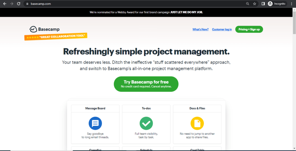 Basecamp homepage