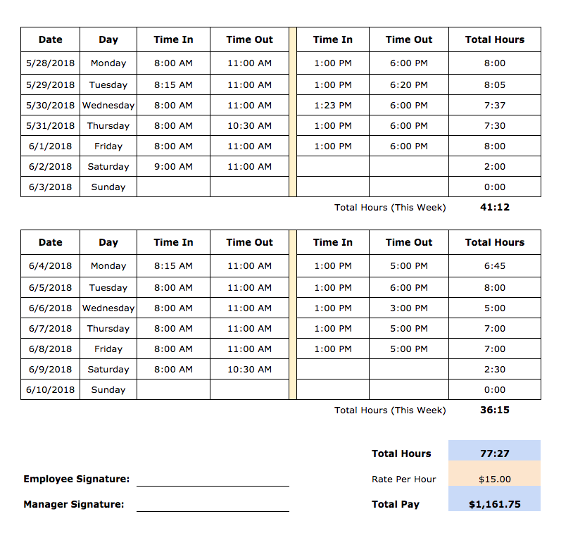 bi-weekly timesheet template