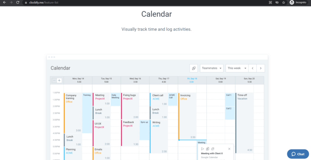 Clockify calendar