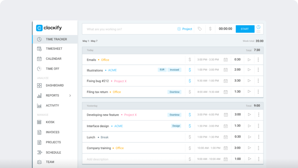 Clockify Interactive time tracking