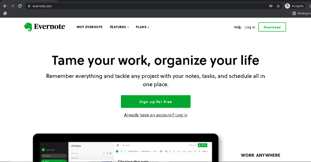 evernote homepage