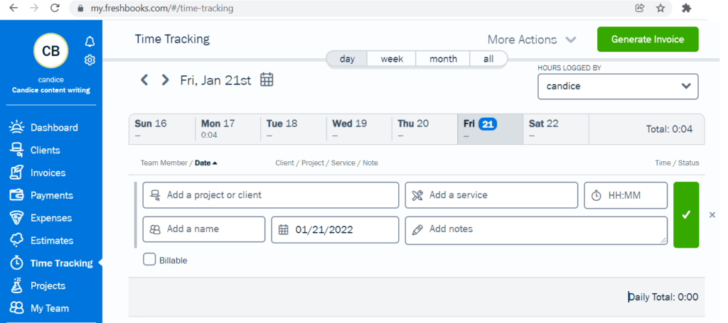 Freshbooks Save New time log