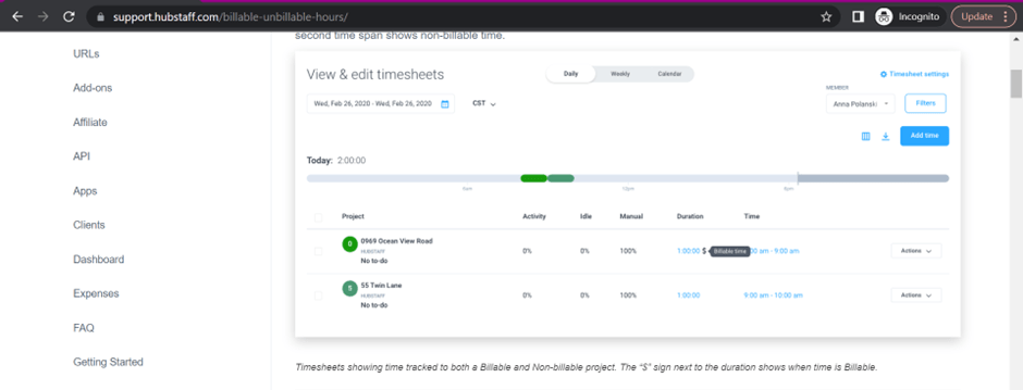 Hubstaff billable hours tracking