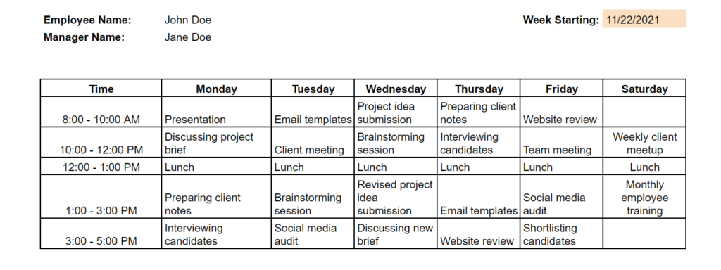 monday-saturday weekly schedule template