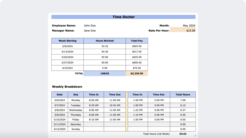 Monthly timesheet