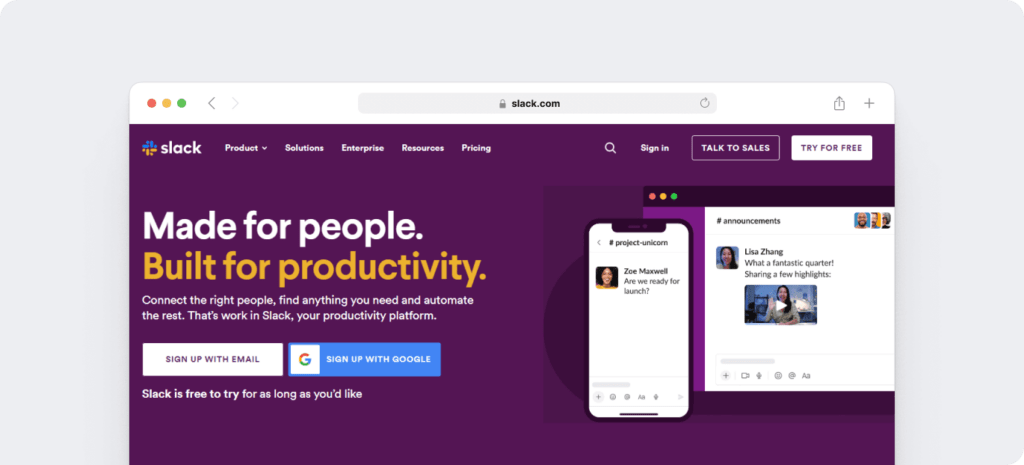 Slack homepage