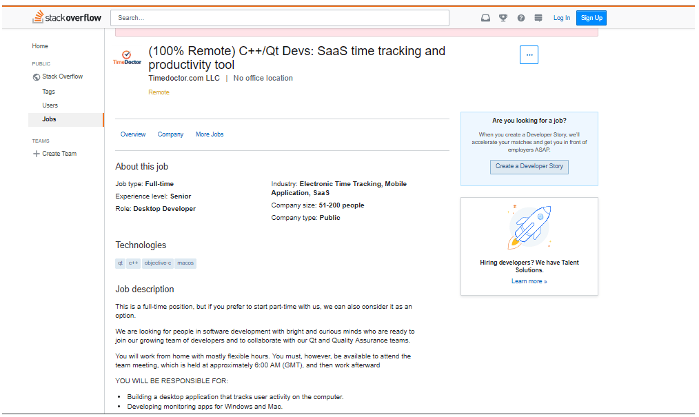 stack overflow job posting