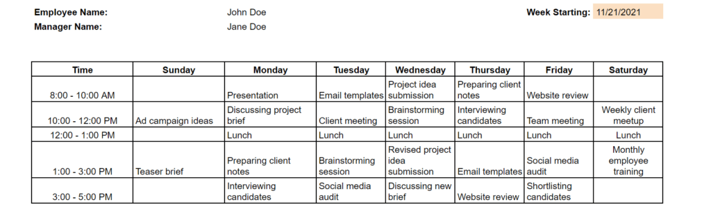 sunday-saturday weekly schedule template