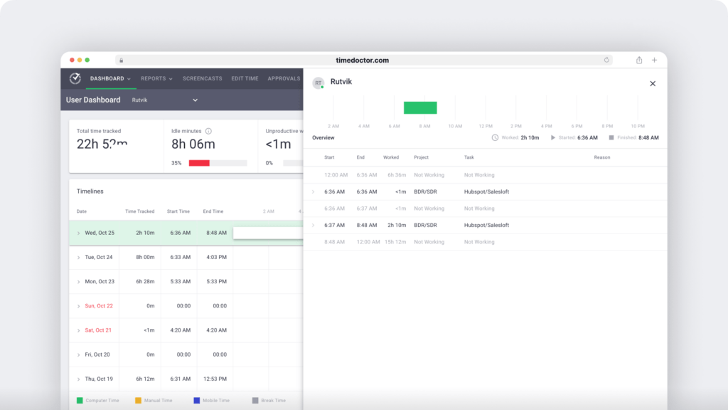 Time Doctor user dashboard individual user