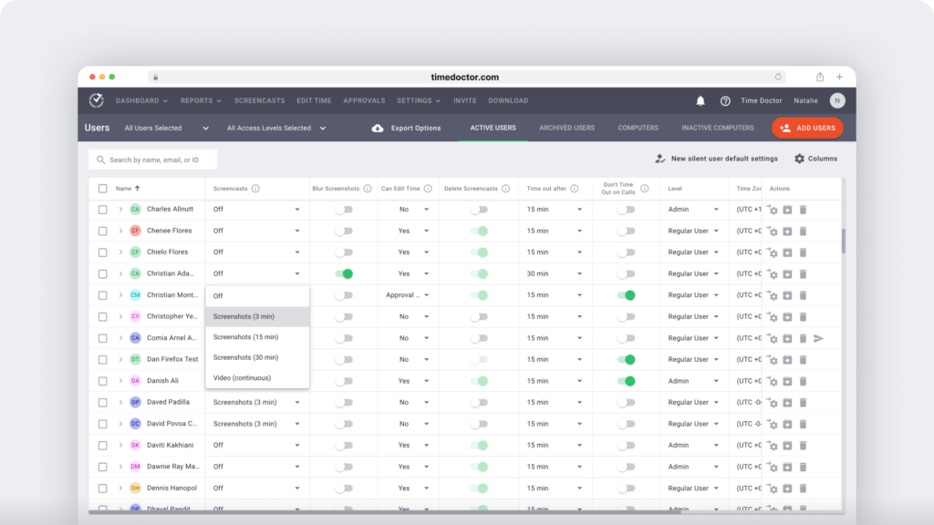 user settings dashboard-enable screenshots