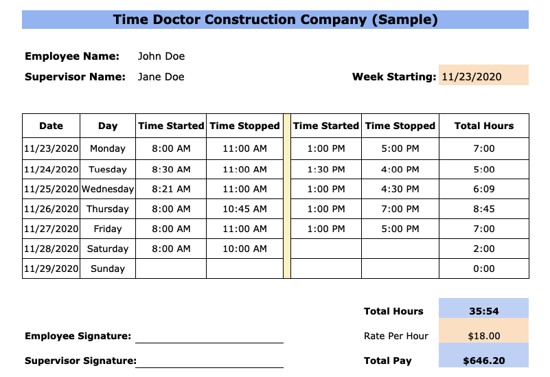 weekly construction timesheet template